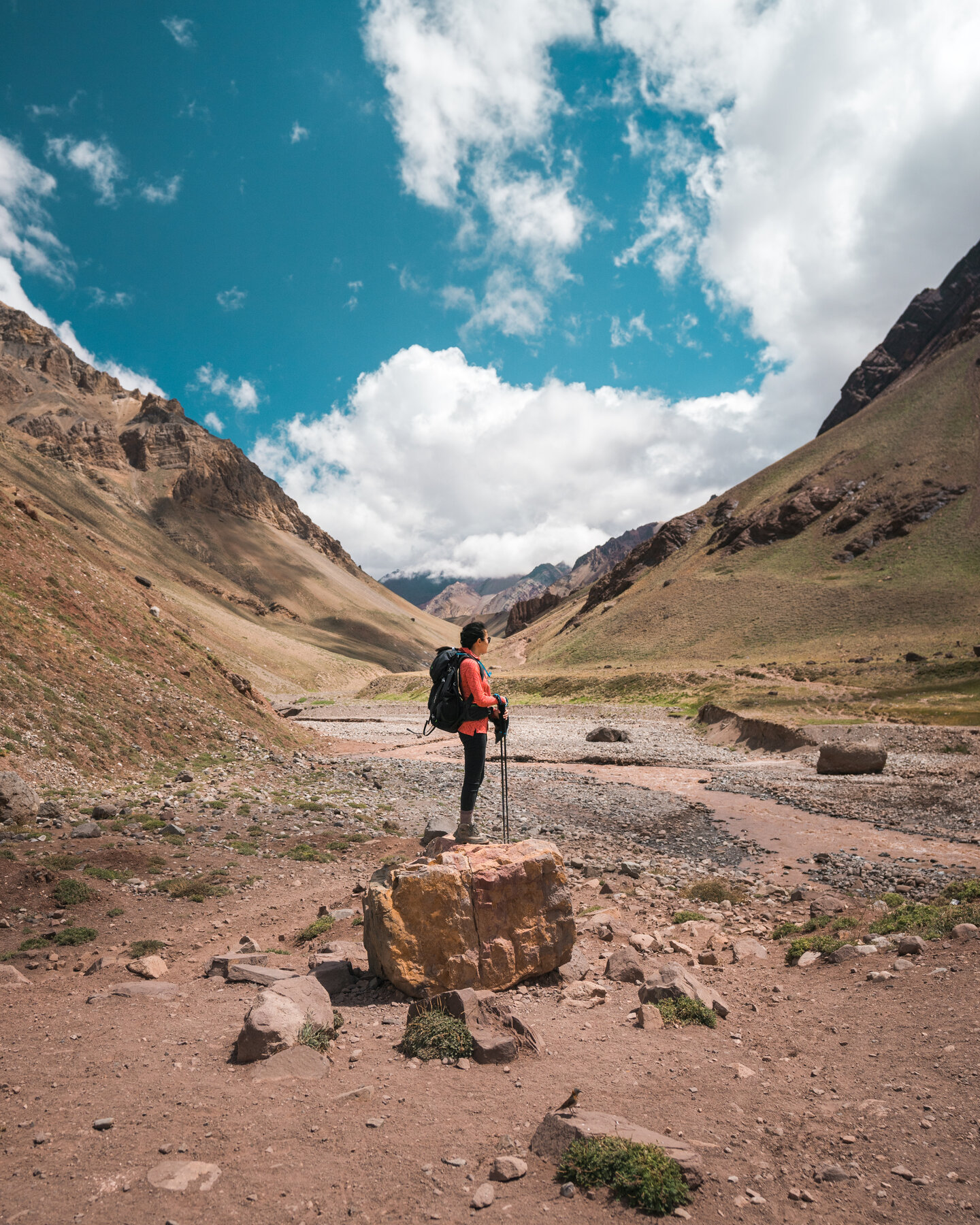 Lone climber walking through the colorful rock-layered Confluencia valley