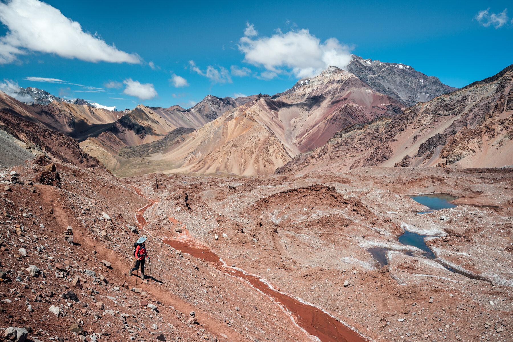 Lone climber with trekking poles walking a trail through the wide Horcones Valley, colorful layered mountains and a braided river ahead