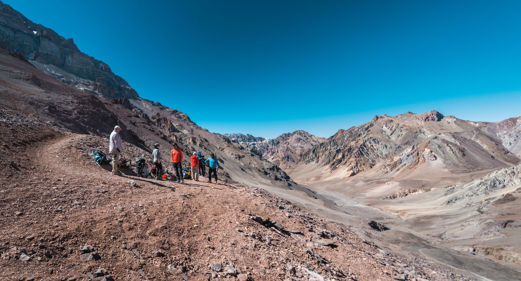 Climbers on a high traverse on Aconcagua with the valley far below