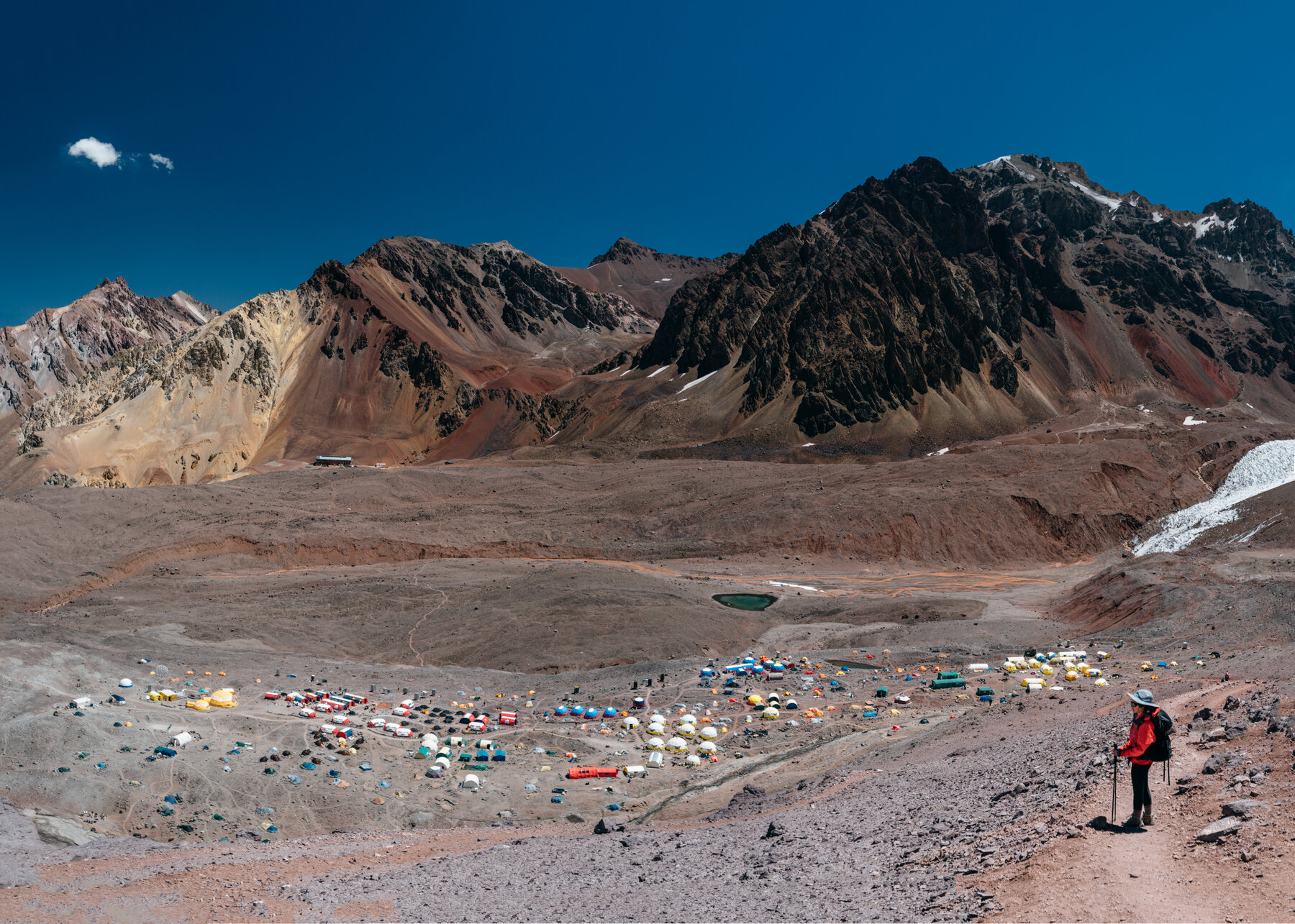 Panoramic view of Plaza de Mulas base camp and surrounding Andes peaks