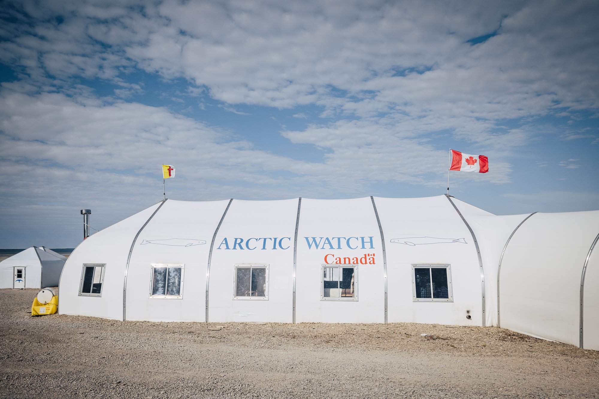 The side of the Arctic Watch main lodge, with two painted belugas and Canadian and Nunavut flags