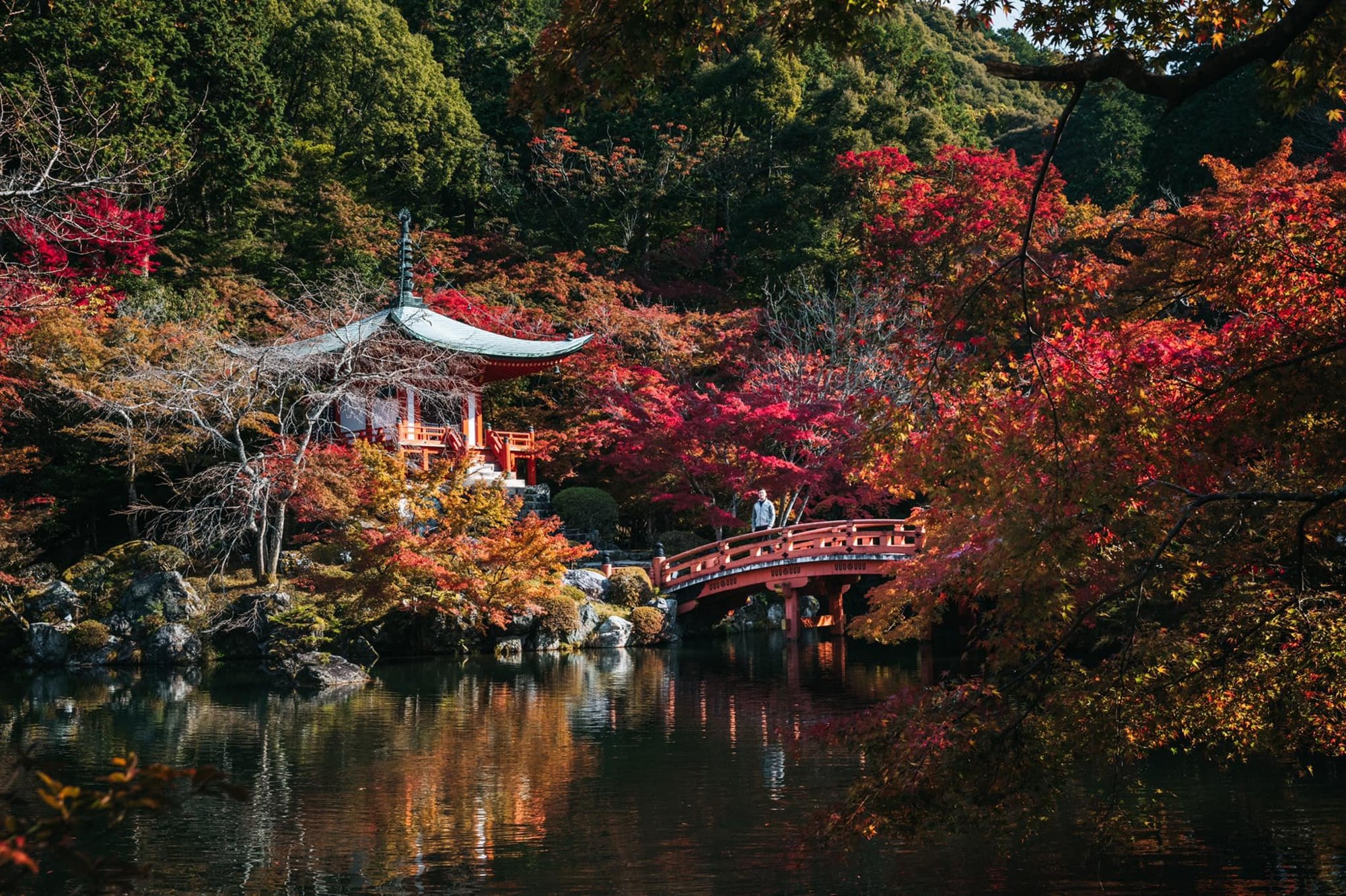Daigoji Temple with autumn colors and pond reflection