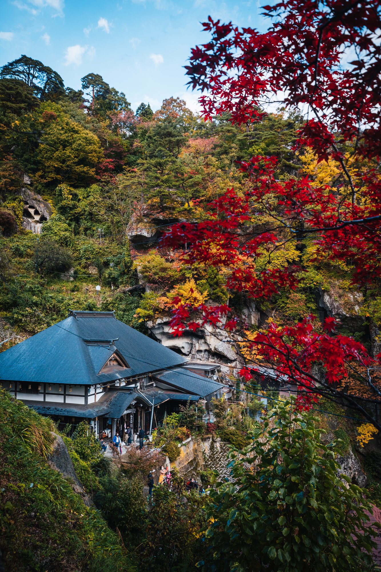 Temple hall framed by red maples and the cave-pocked cliff at Risshaku-ji
