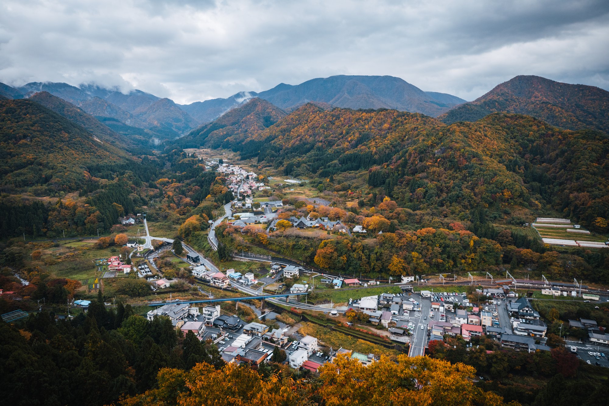 View over the town of Yamadera and the valley from the top of Risshaku-ji