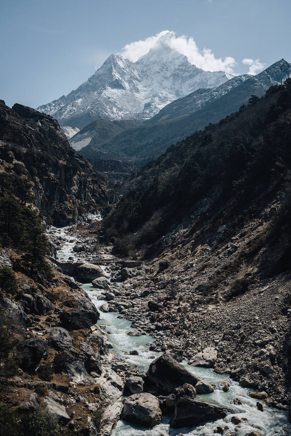 The turquoise Dudh Koshi rushing through a rocky gorge with Ama Dablam framed above