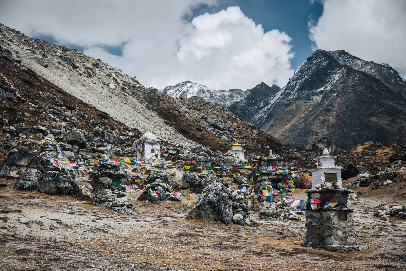 The Thukla Pass memorial field — small stone chortens and faded prayer flags scattered across the ridge below snow peaks