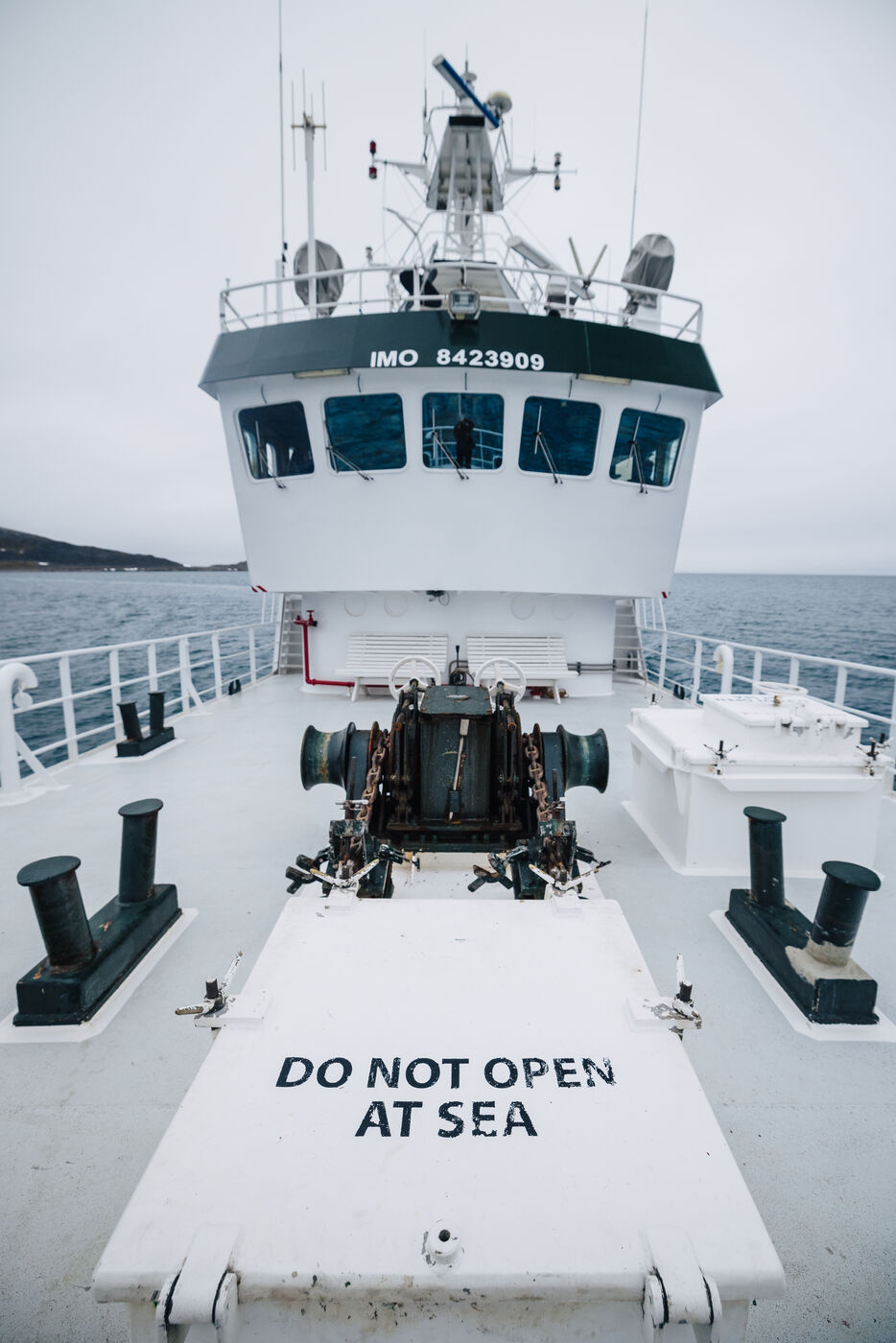 Kinfish viewed from the deck looking toward the bridge with IMO number visible