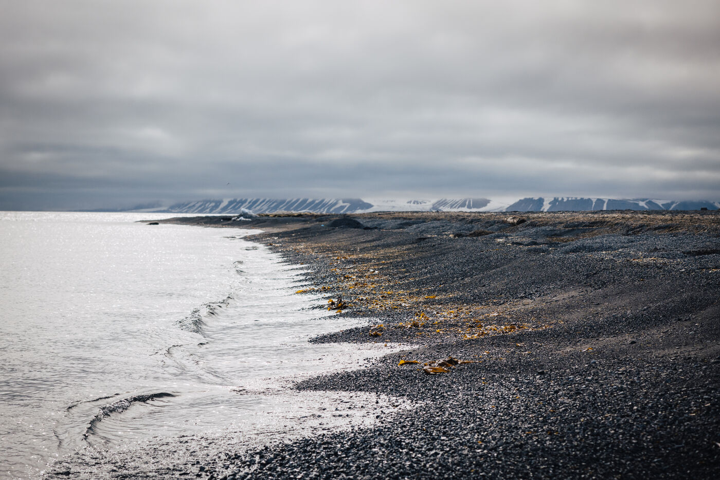 Dark gravel beach curving along still water under a grey sky