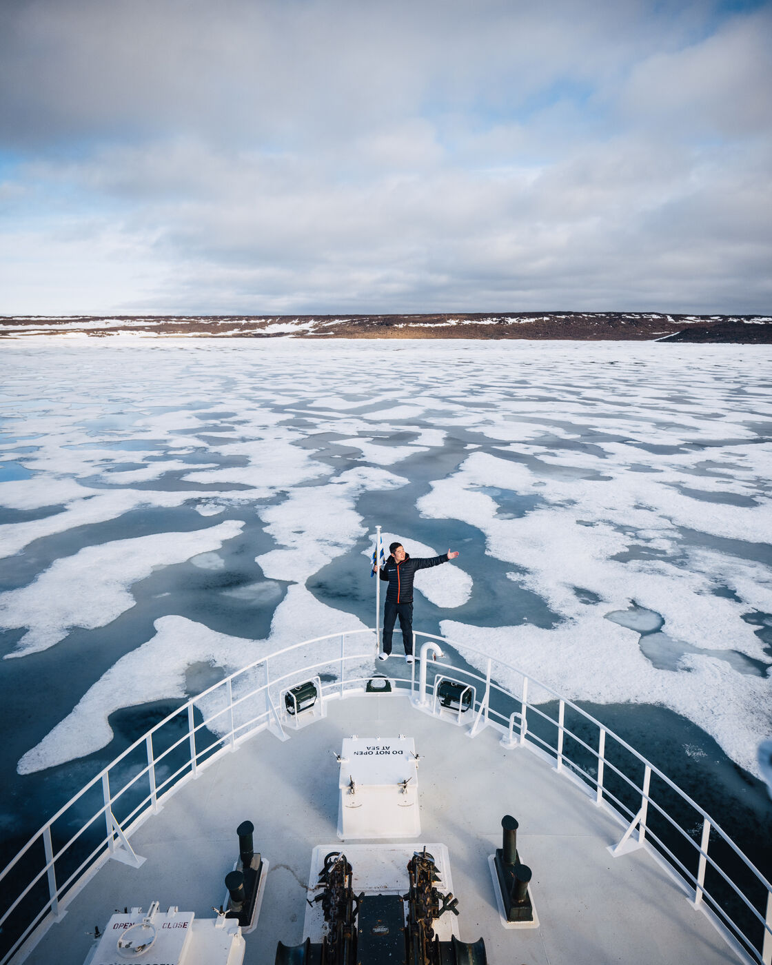 Standing on the bow of the Kinfish as it pushes through pack ice