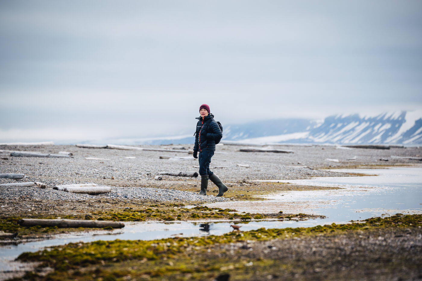 Person standing alone on rocky Arctic beach