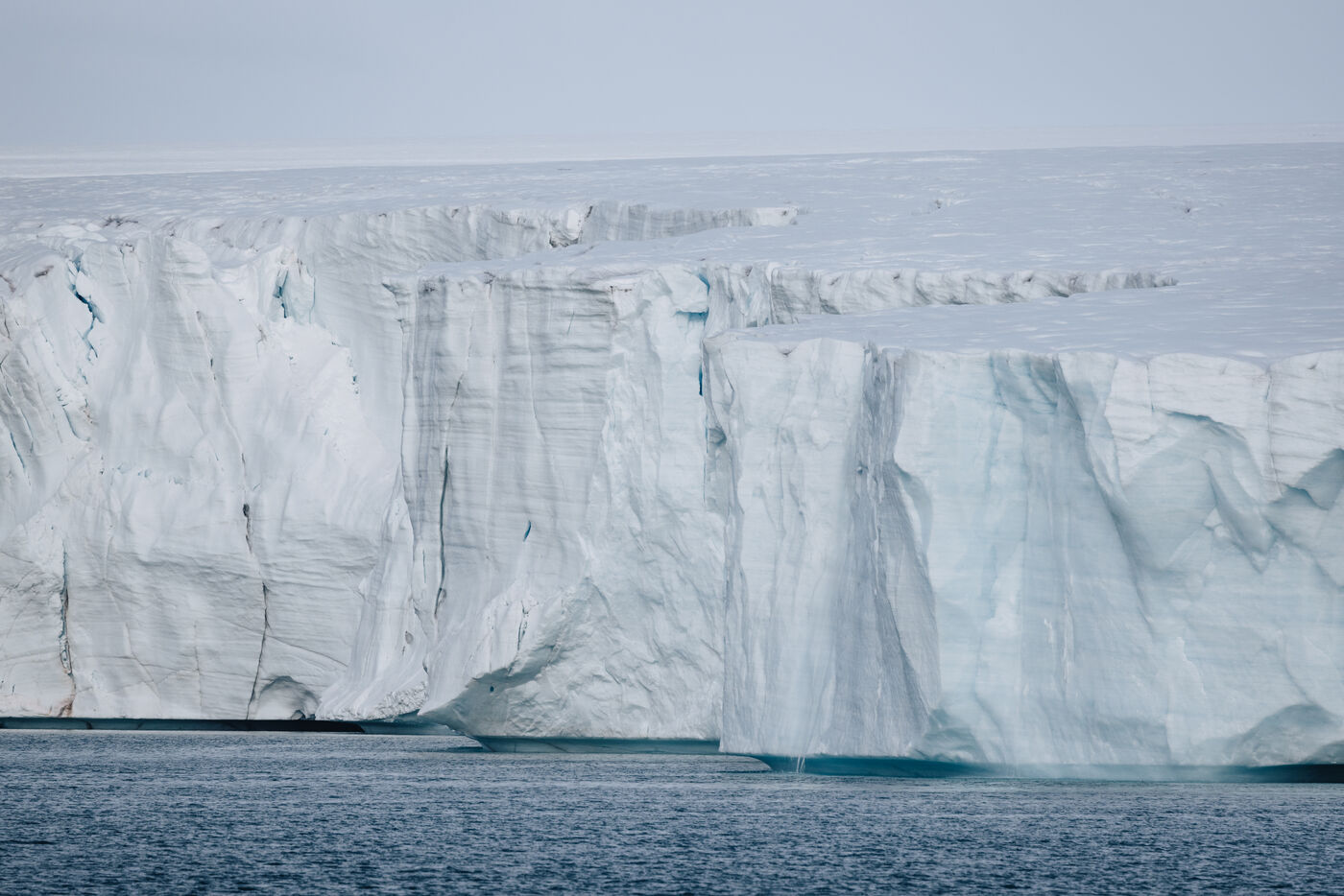 Massive white glacier face rising from calm water
