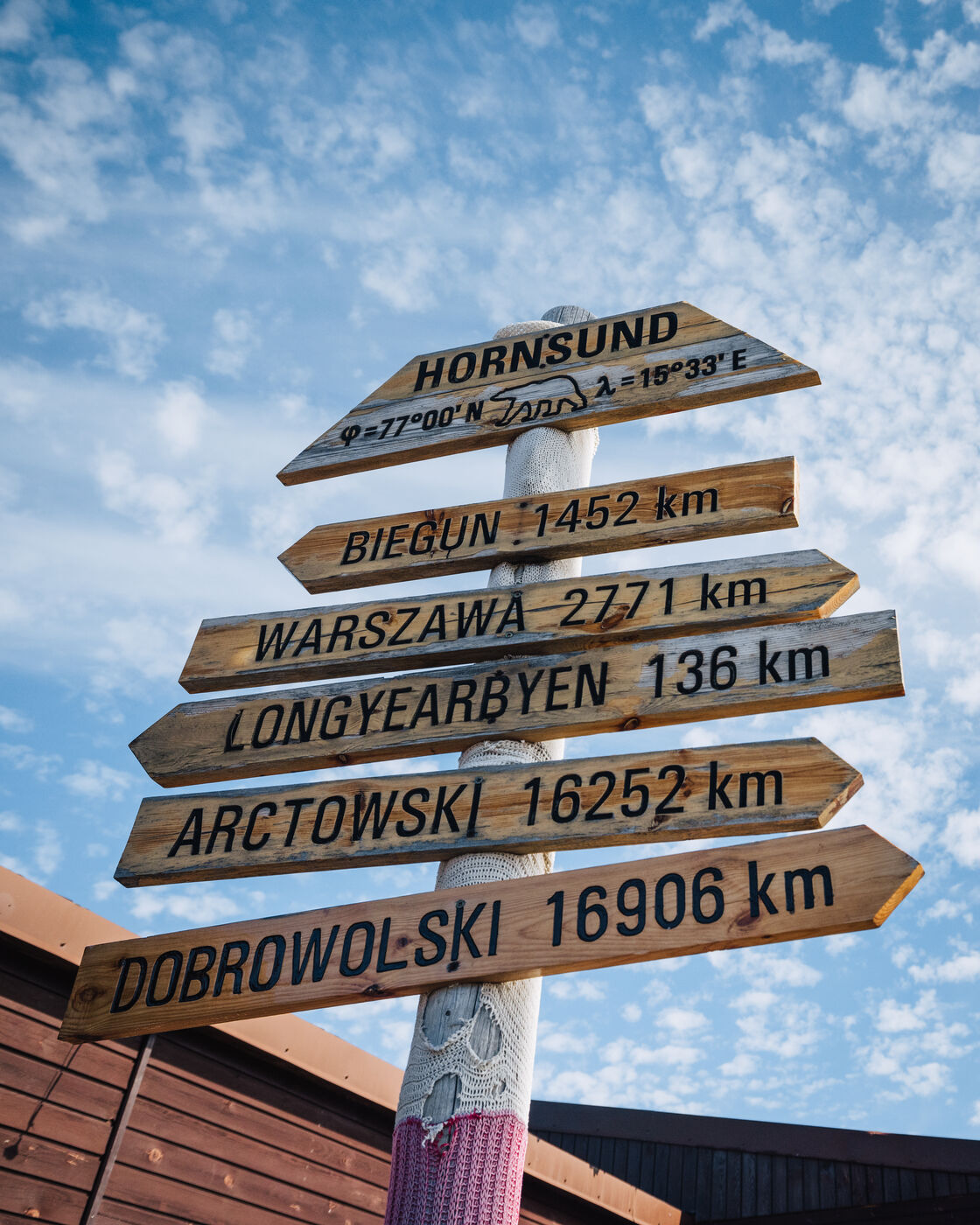 Wooden signpost at the Polish Polar Station showing distances to Warsaw, Longyearbyen and the Antarctic stations