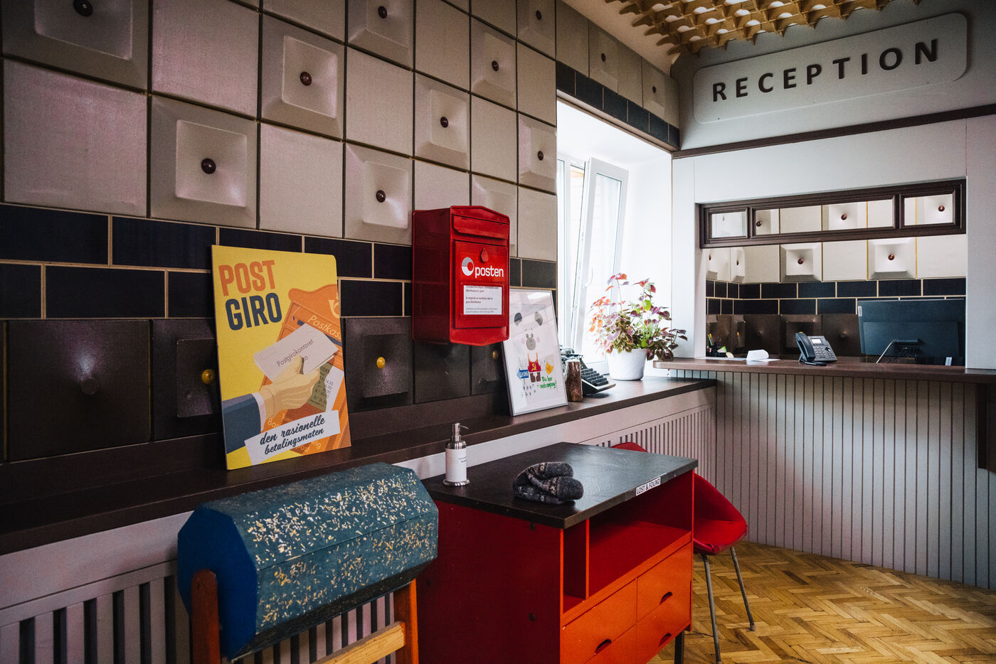 Reception desk with vintage signage