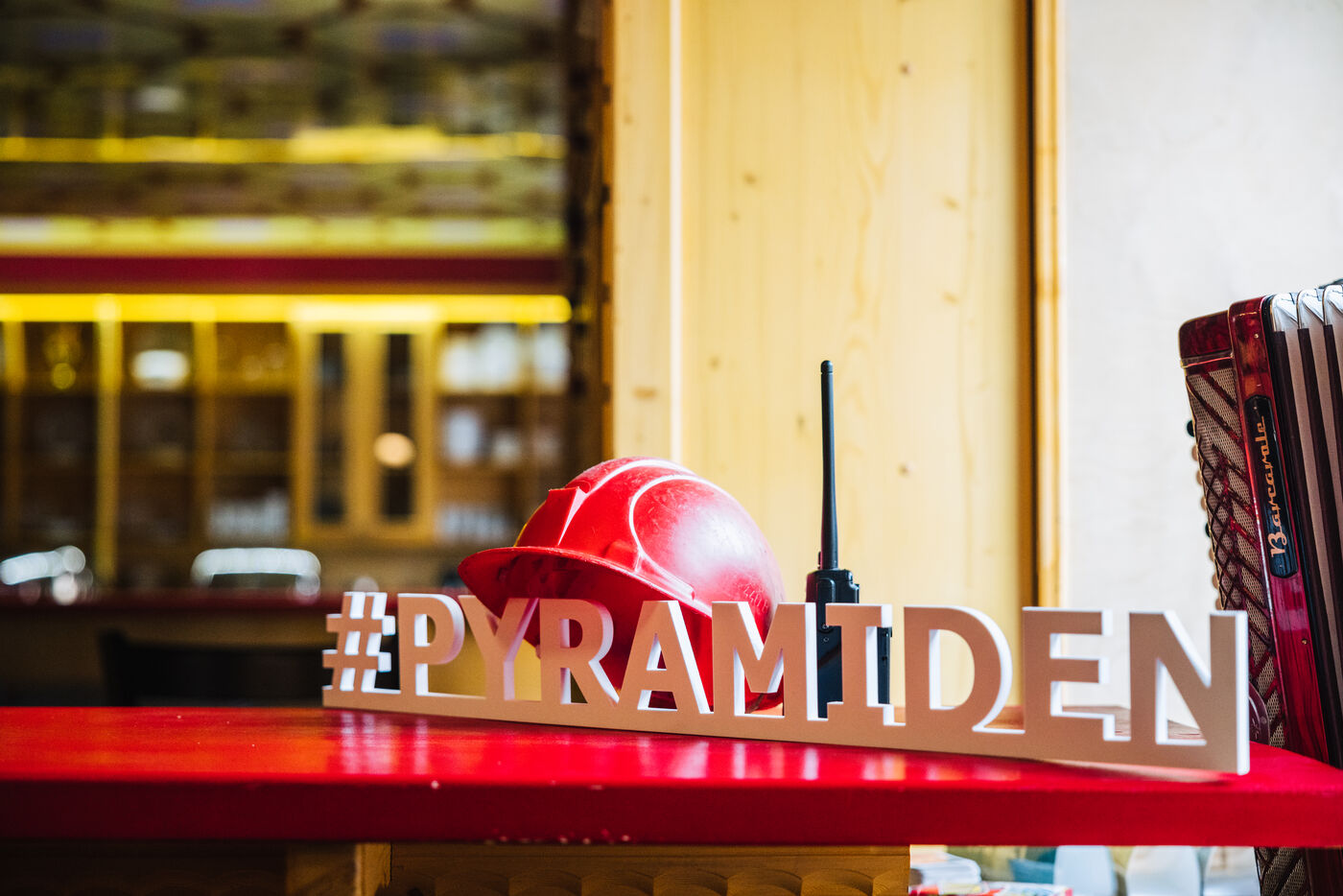 Pyramiden sign and memorabilia display