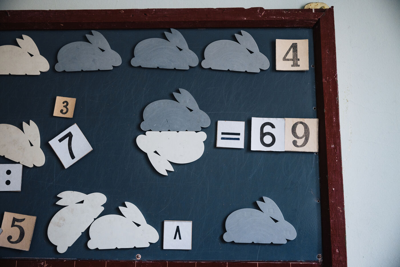Children's arithmetic board with rabbit cutouts and number cards