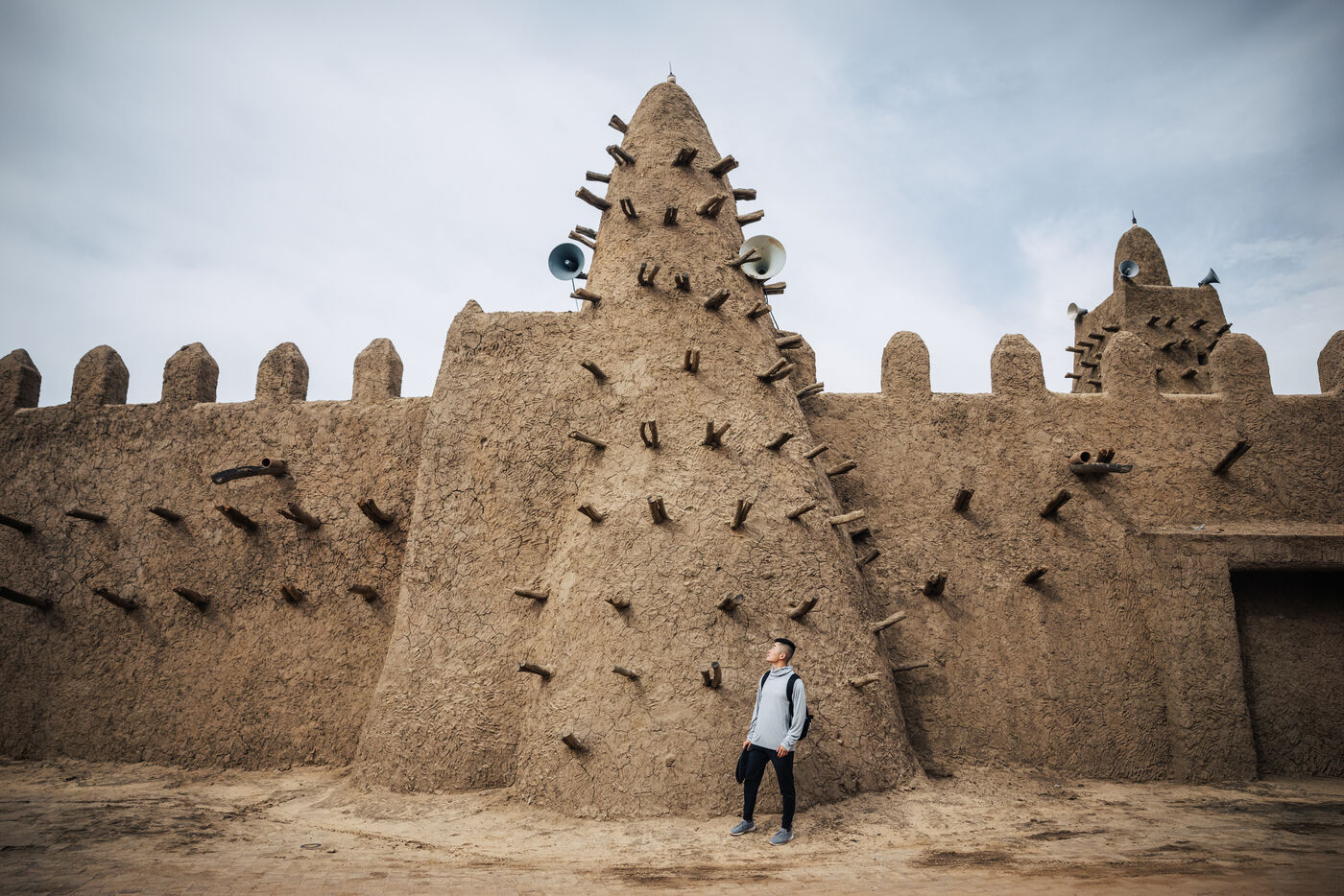 Person at mosque minaret