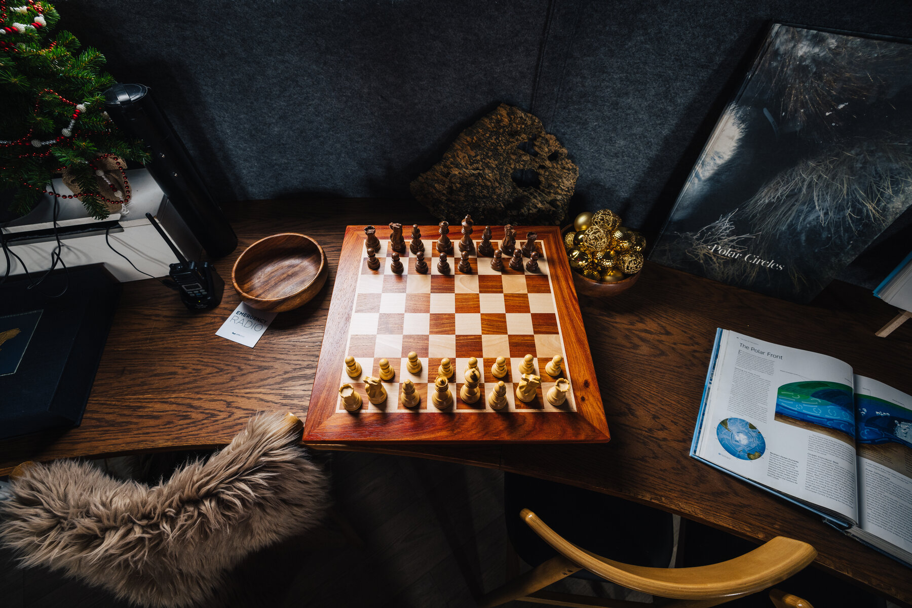Mid-game chess set on a wooden table beside a small Christmas tree and an open book about polar circles in the Whichaway library