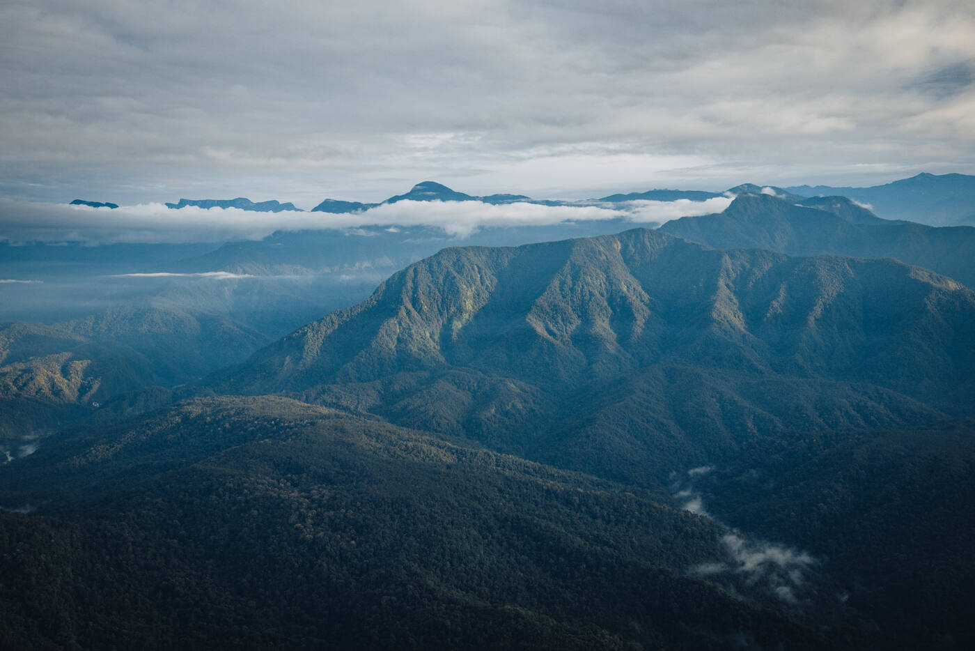 Sweeping mountain range with dense forest, valleys, and distant peaks in mist