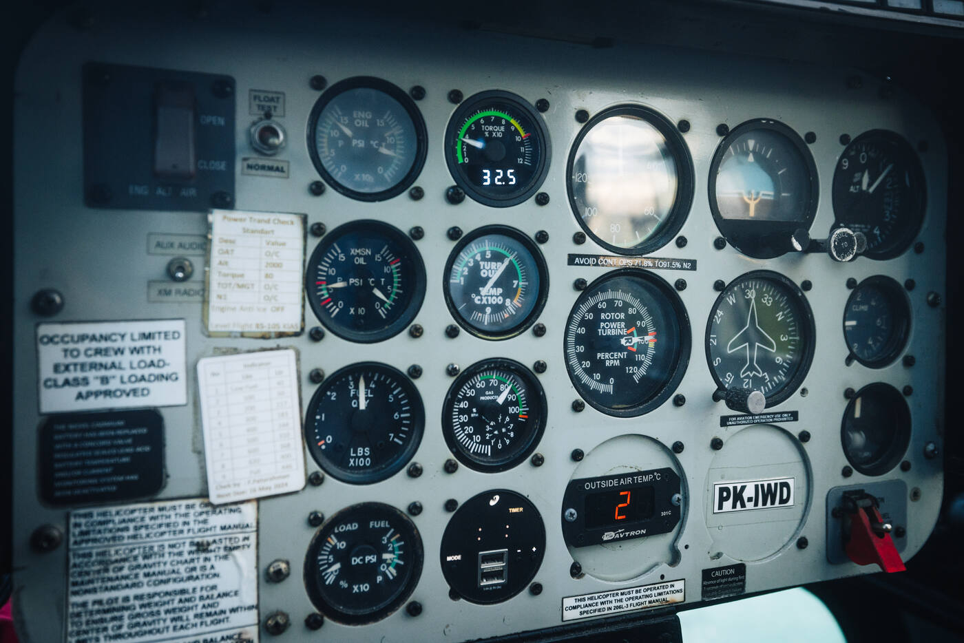 Helicopter cockpit instrument panel with analog gauges