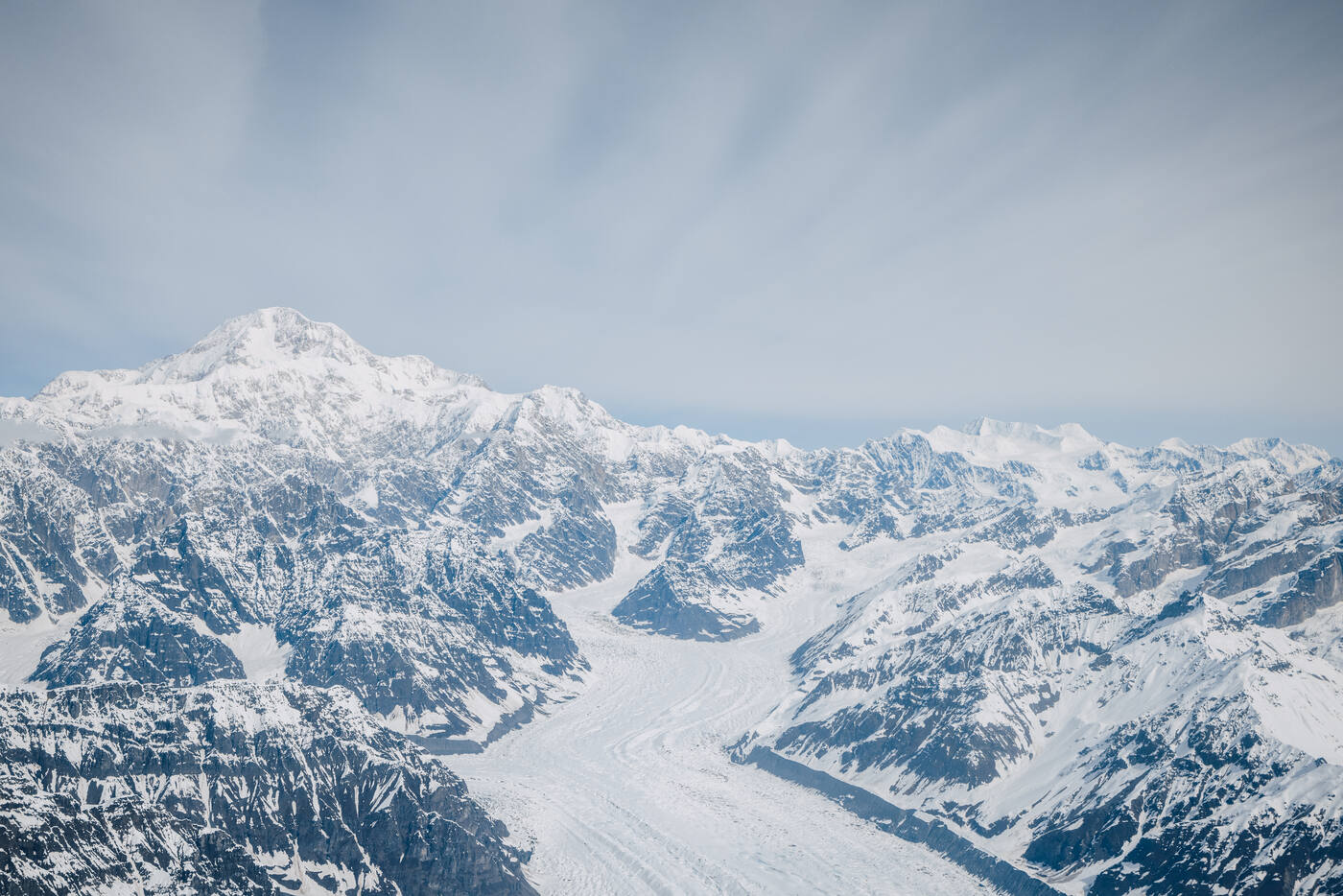 Aerial view of glaciers flowing through the Alaska Range from the bush plane