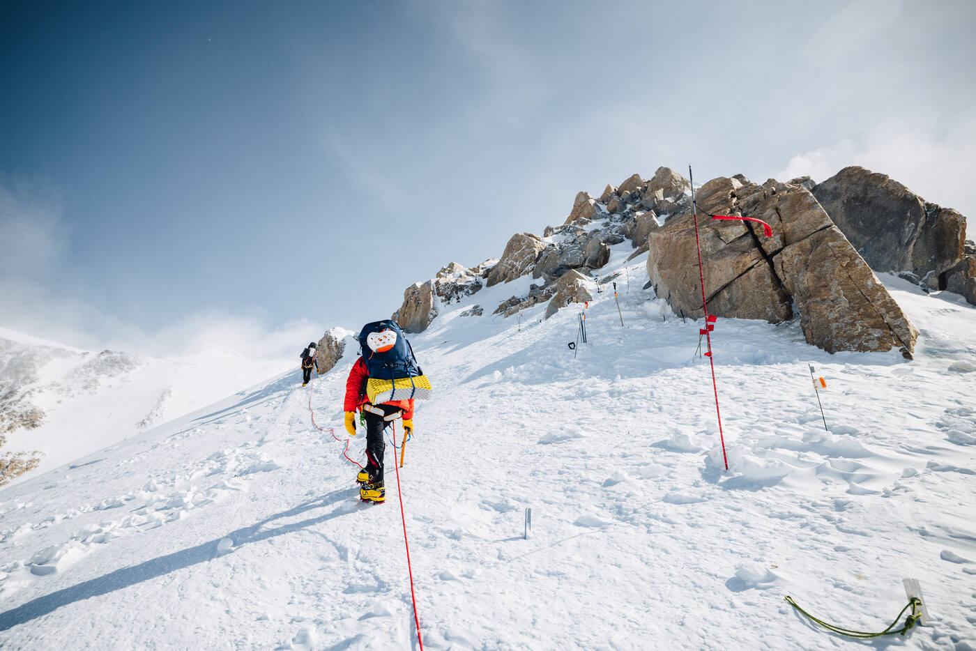 Climbers ascending toward the 16,000 ft ridge on Denali