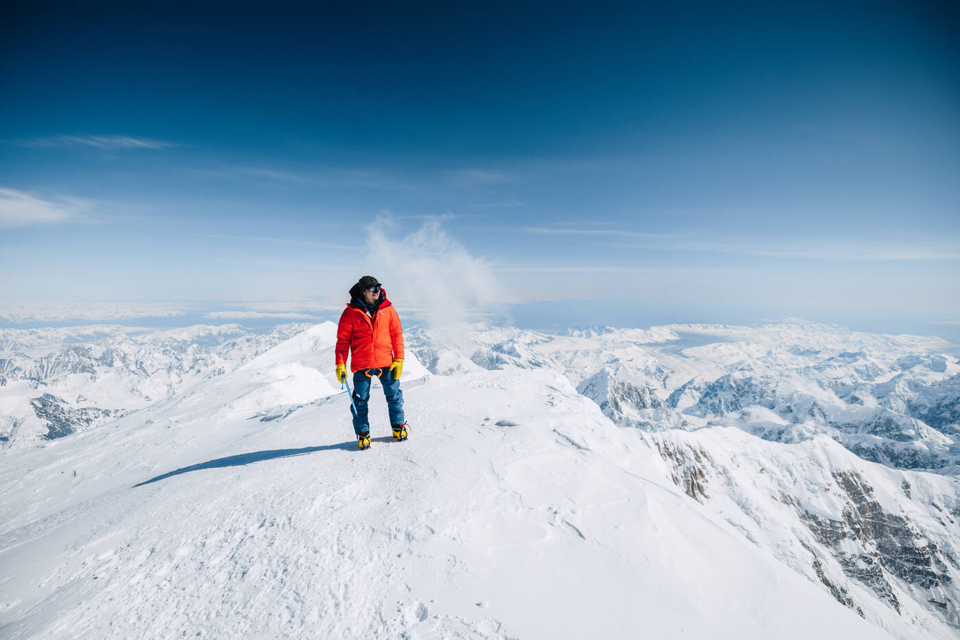 Jason on the summit ridge with Alaska Range panorama