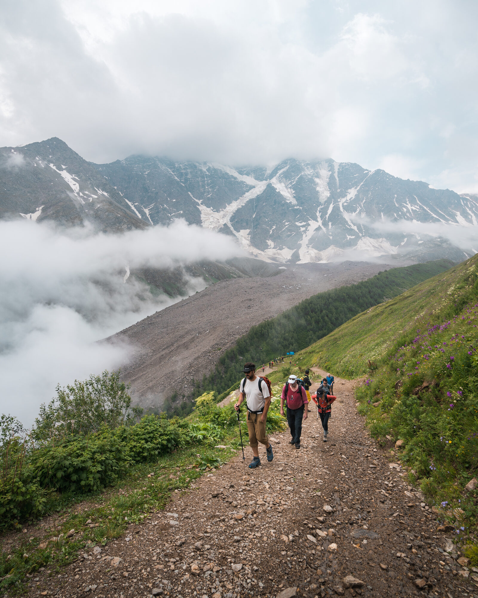 Long view across the Baksan Valley as the team climbs slowly up Cheget