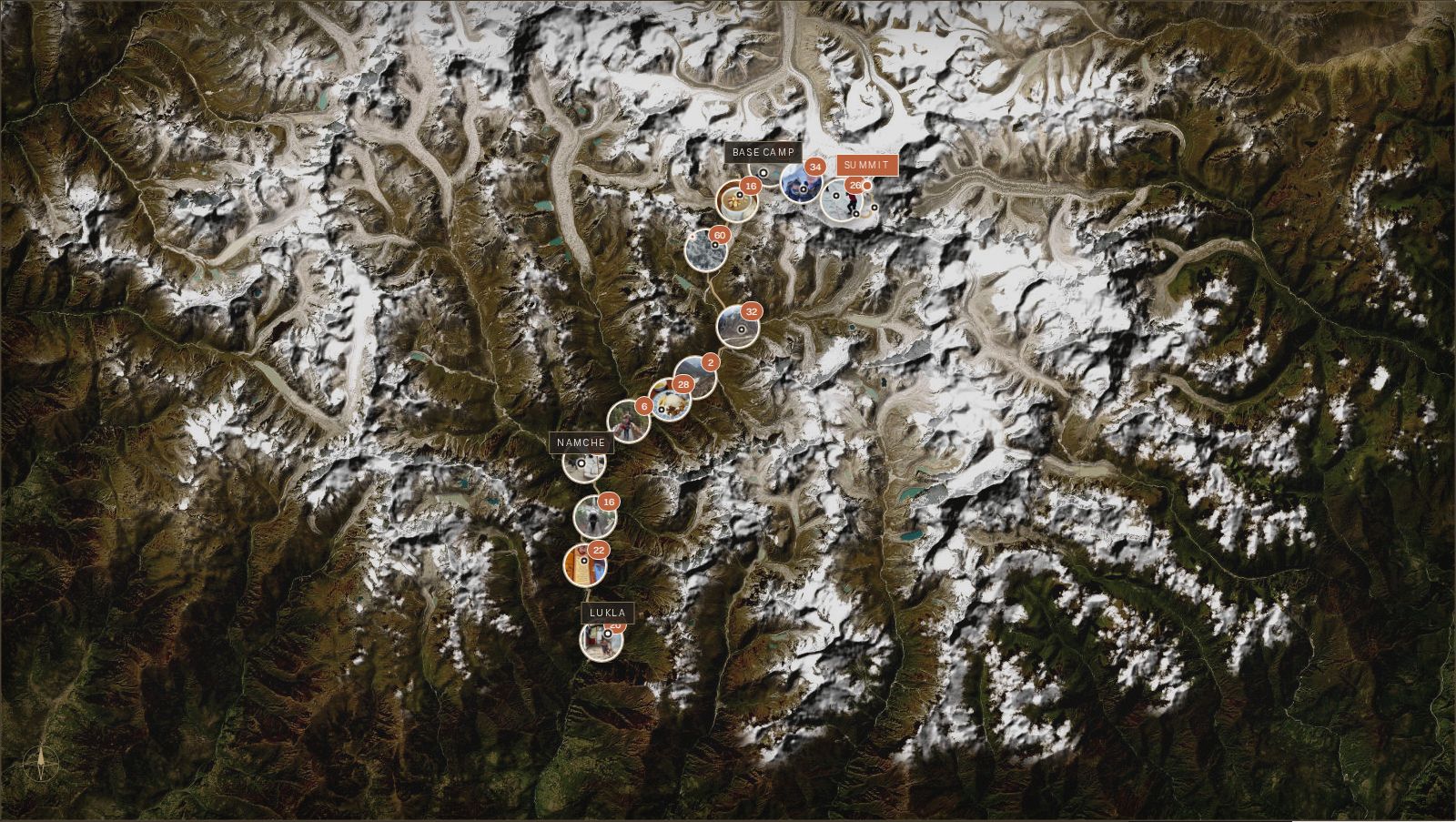 Satellite map of the Khumbu with our 45-day route from Lukla to the summit and photo markers along it