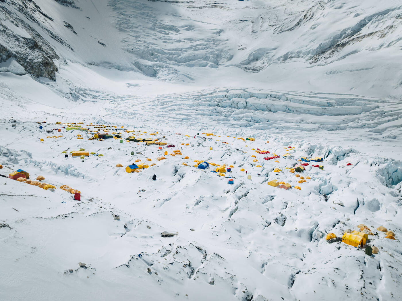Aerial view of the Camp 2 tents on the moraine beneath the Lhotse Face