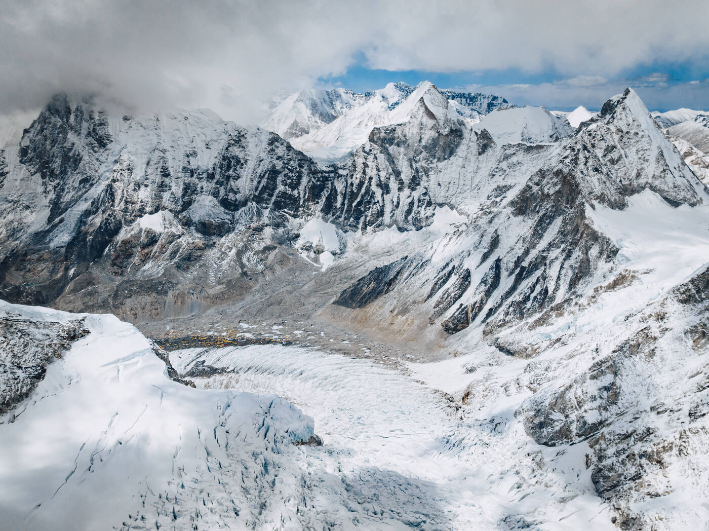 Aerial view of the Khumbu Glacier valley and surrounding peaks with the Icefall at lower left
