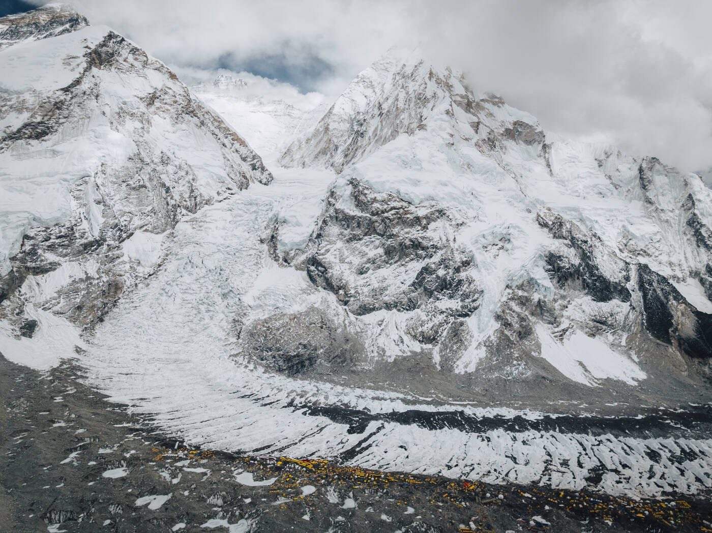 Aerial view of the Khumbu Icefall tumbling from the snow-covered slopes above the glacier