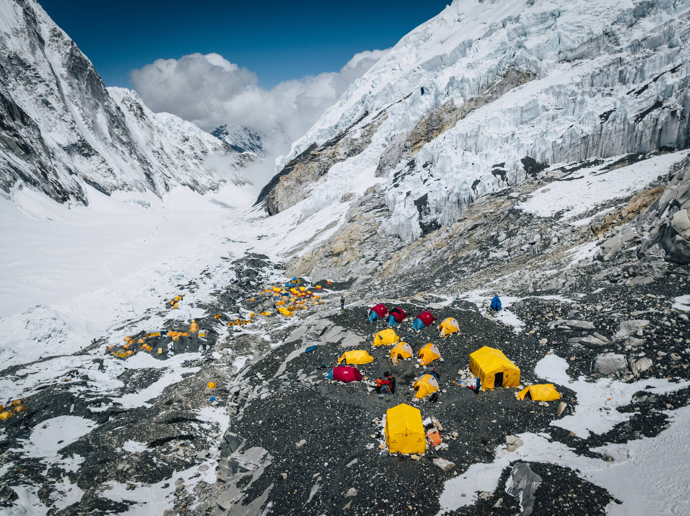 Aerial view of Camp 2 tents on the moraine with the Western Cwm beyond