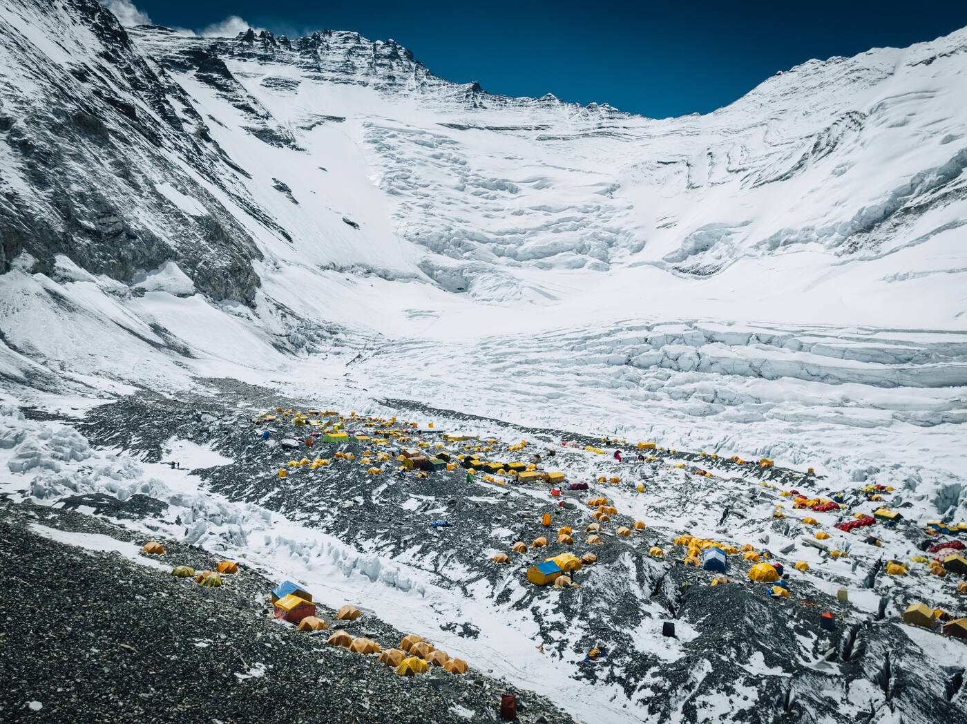 Aerial view of the Camp 2 tents on the moraine beneath the Lhotse Face