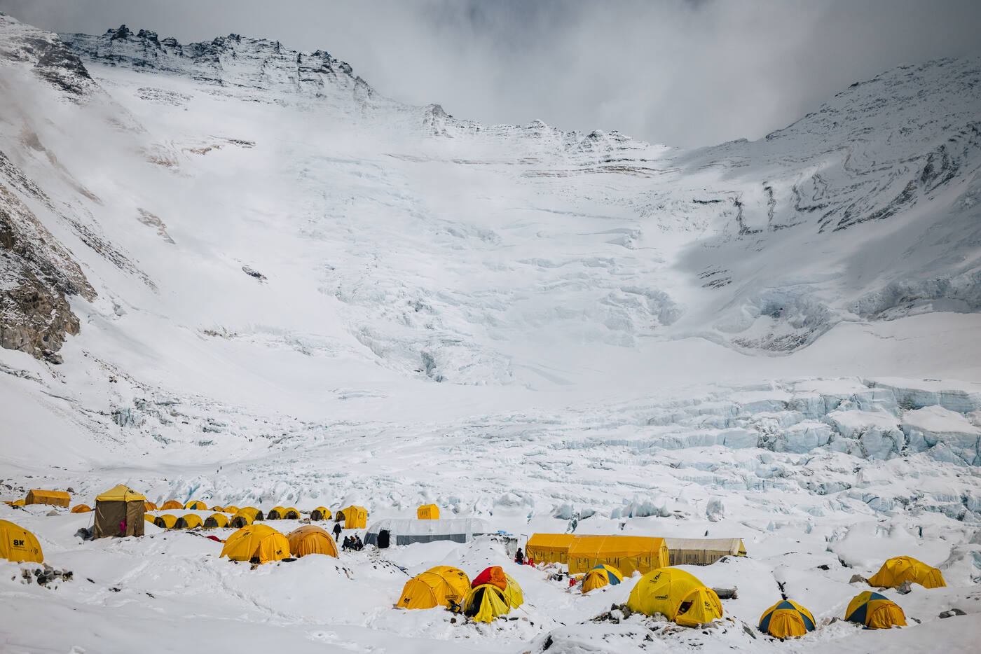 Many yellow tents at Camp 2 with the Lhotse Face and glaciers behind
