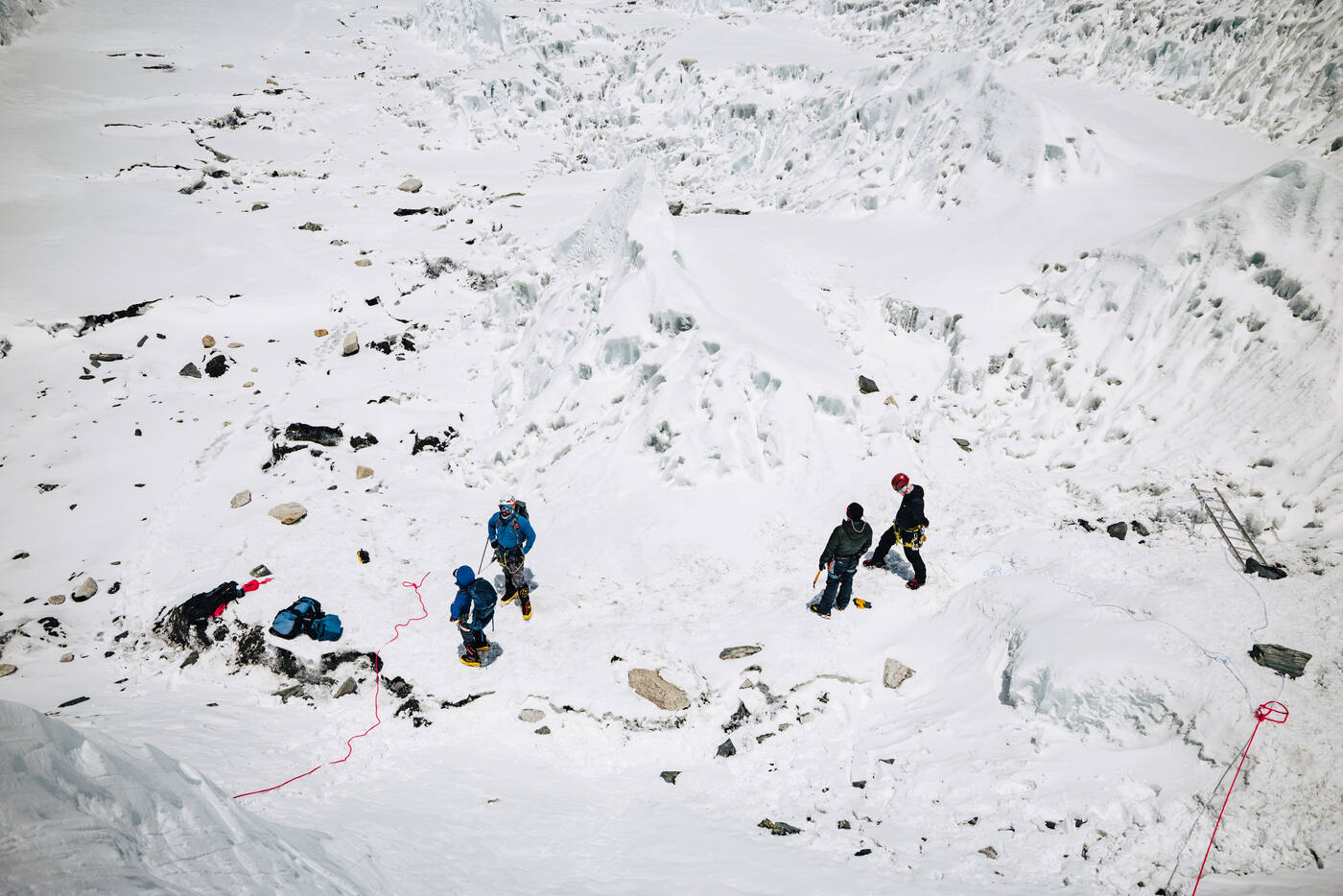 Overhead view of climbers with gear at an Icefall training area near Everest Base Camp
