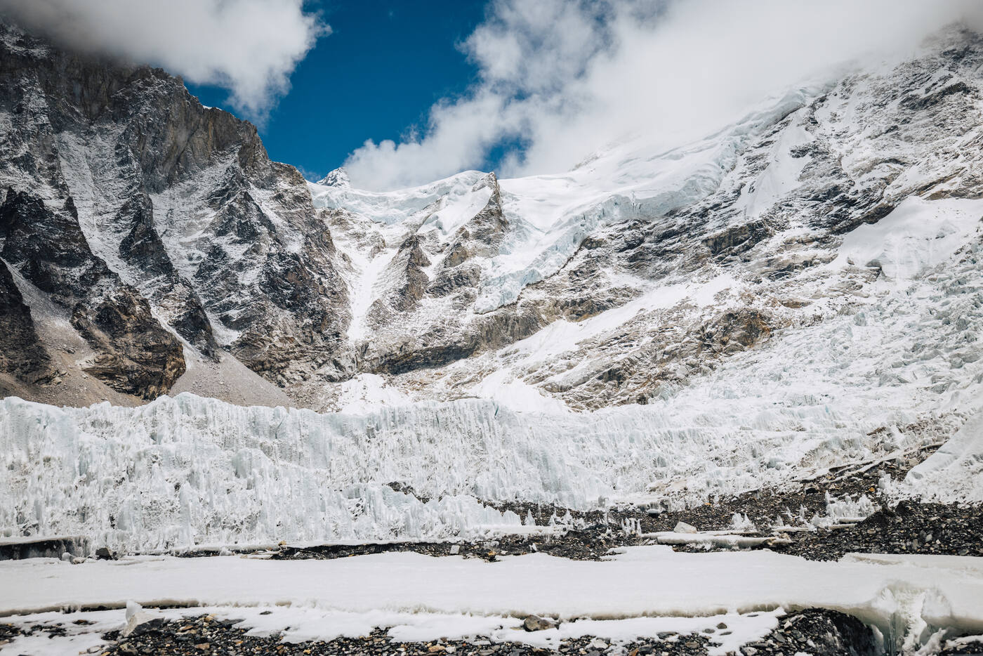 The Khumbu Icefall seen from Base Camp with cloud on the peaks above