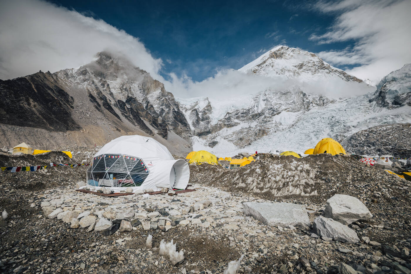 The Mountain Professionals dome tent at Everest Base Camp with the Khumbu Icefall behind