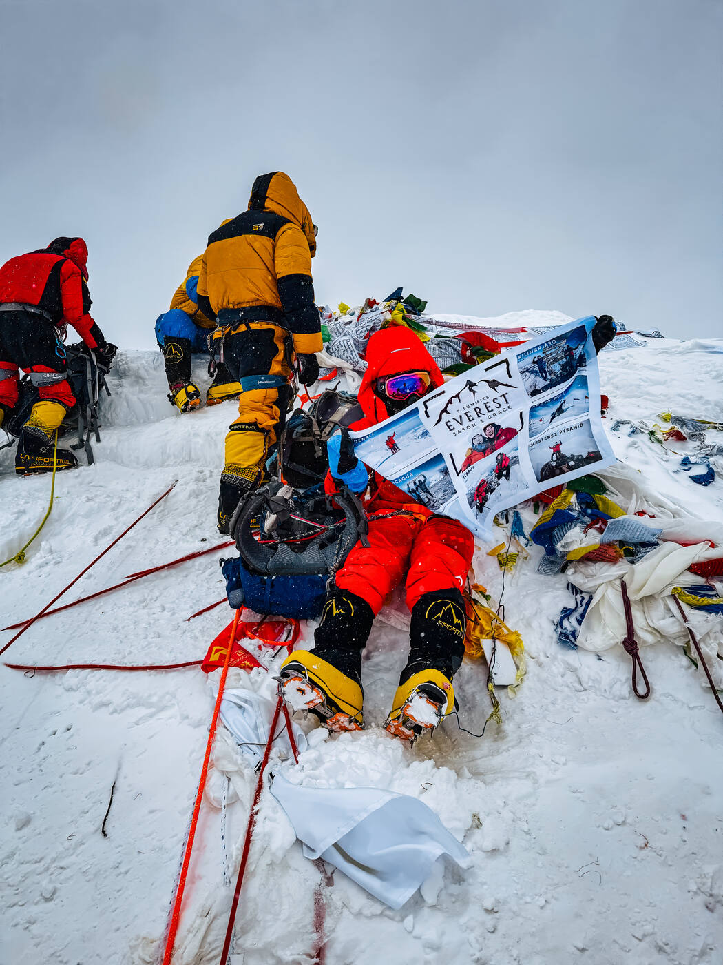 Prayer flags at the very top of Everest whipping in the wind