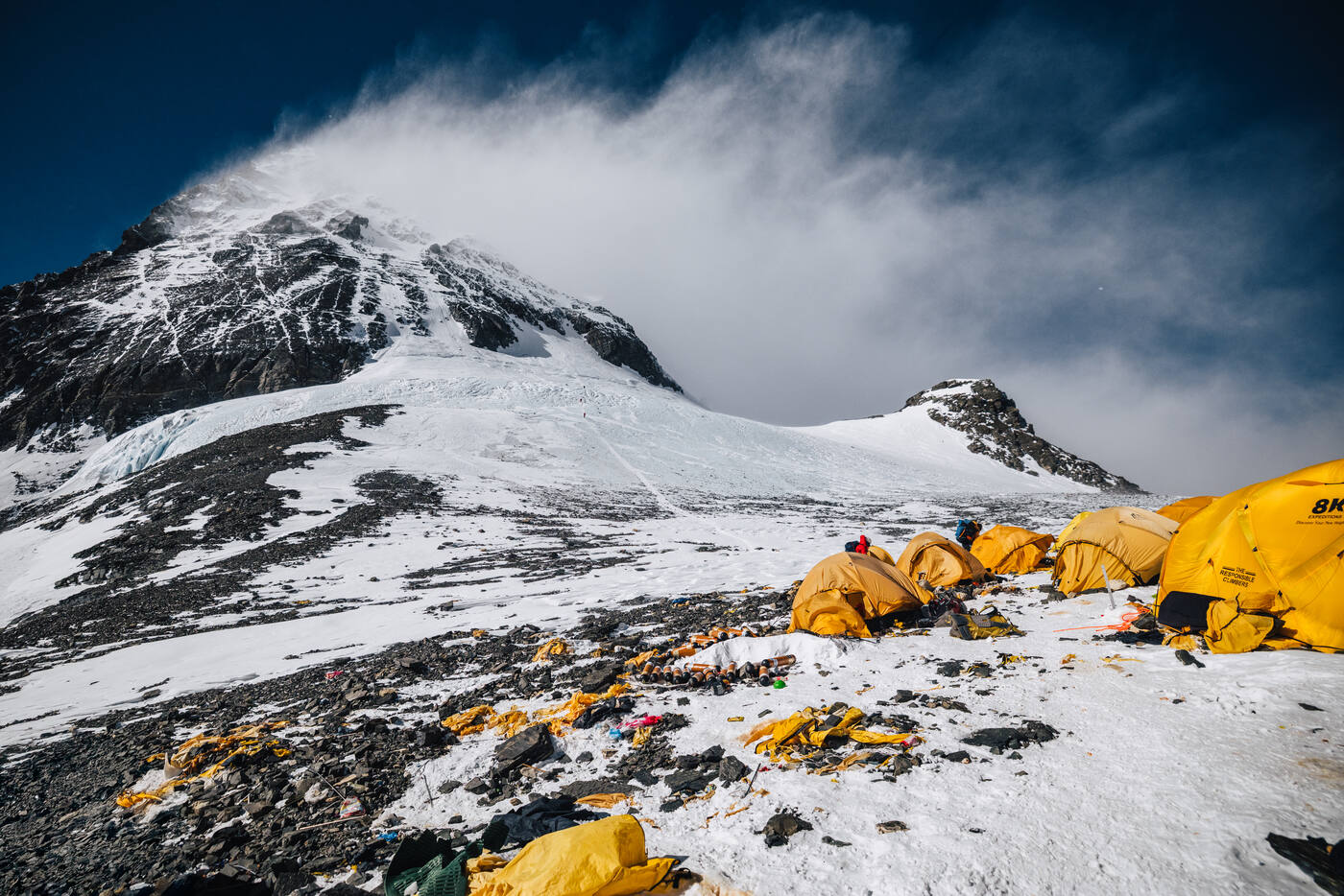 Yellow tents at Camp 4 on the South Col with the Everest summit pyramid visible above