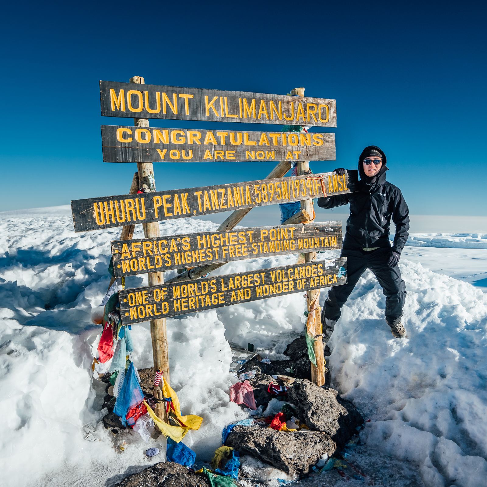 Jason at the Uhuru Peak summit sign on Mount Kilimanjaro