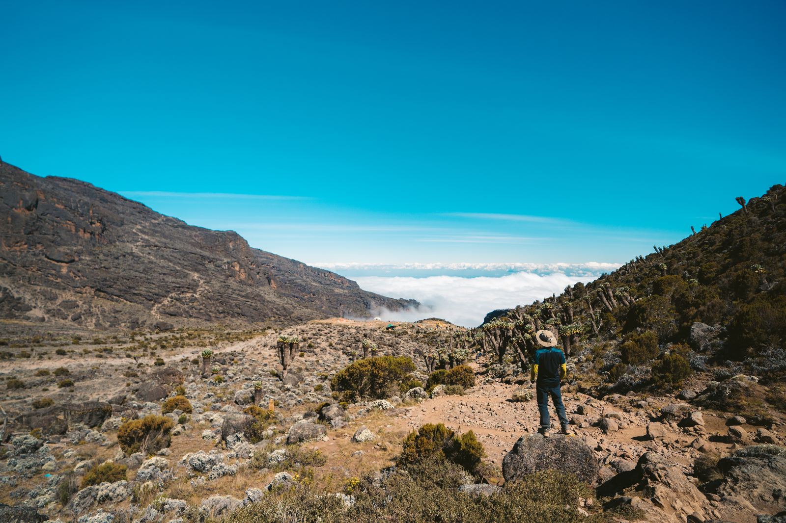 Trekker on ridge with clouds and mountains stretching beyond
