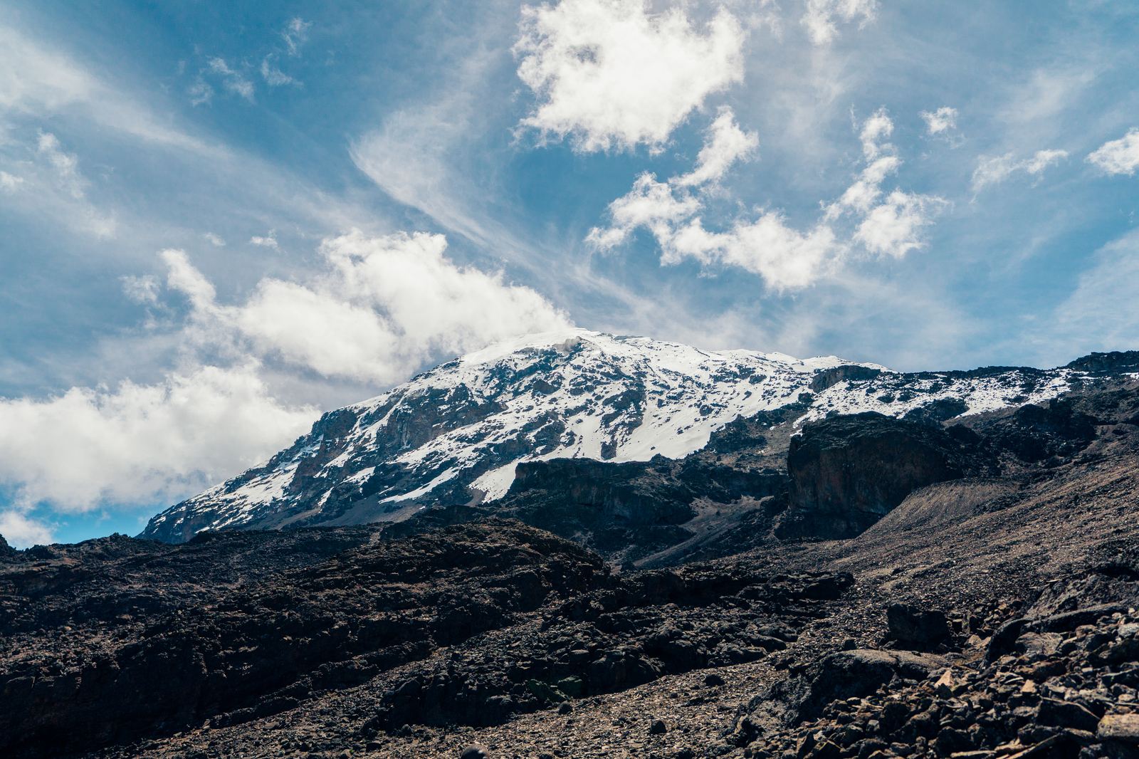 Panoramic view of Kilimanjaro's summit cone with glaciers