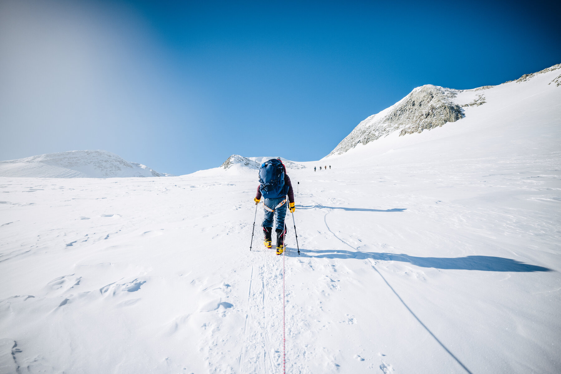 Lone roped climber walking up the wide glaciated valley toward the Vinson summit ridge under a deep blue sky