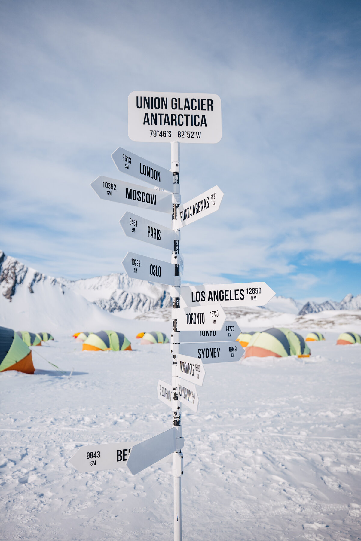 The iconic Union Glacier signpost — white arrows pointing to London, Moscow, Paris, Los Angeles, Sydney, and the South Pole, with tents on the ice behind